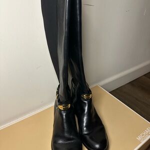 MICHAEL Michael Kors Black Leather Boots with Gold Details